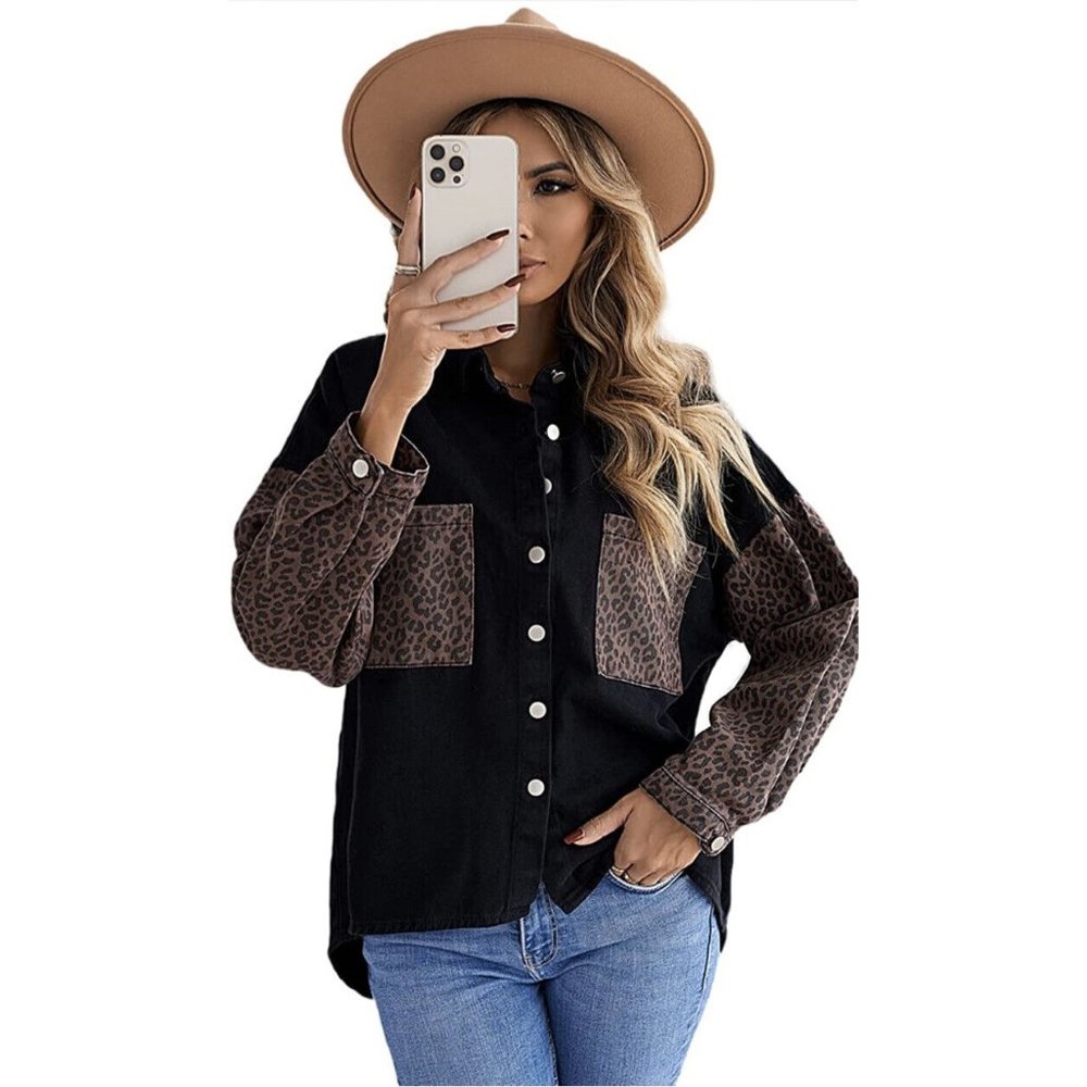 Casual Denim Women’s Leopard Oversized Jacket Jeans Shirt Blouse size S.